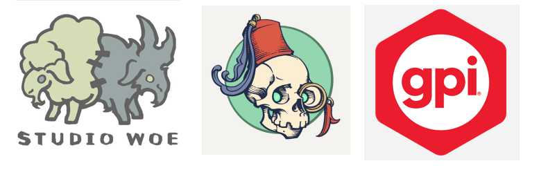 studio woe logo, barron smellybones logo, gpi logo